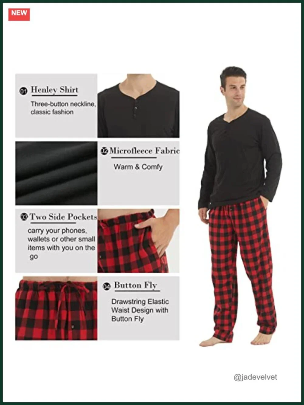 Mens Pajama Set Long Sleeve Henley Neck Button Top Plaid Pants Soft Loungewear